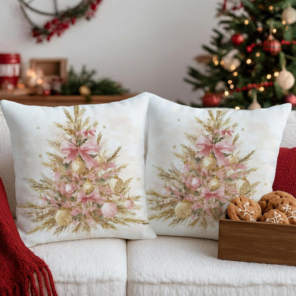 Christmas Tree Throw Pillow Covers Set of 2, Festive Rustic Peach Bow Gold Ornaments Xmas Peach Soft Velvet Washable Cover Decorative Pillows for Home Living Room Bedroom Dorm Couch Decor 18x18 Inch