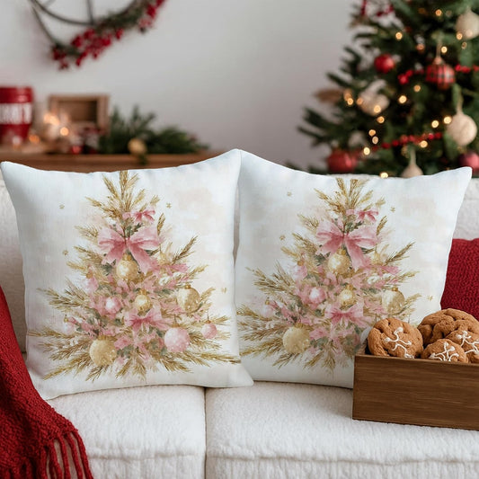 Christmas Tree Throw Pillow Covers Set of 2, Festive Rustic Peach Bow Gold Ornaments Xmas Peach Soft Velvet Washable Cover Decorative Pillows for Home Living Room Bedroom Dorm Couch Decor 18x18 Inch