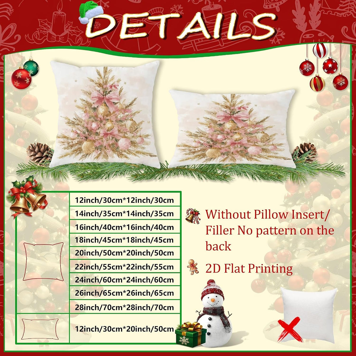 Christmas Tree Throw Pillow Covers Set of 2, Festive Rustic Peach Bow Gold Ornaments Xmas Peach Soft Velvet Washable Cover Decorative Pillows for Home Living Room Bedroom Dorm Couch Decor 18x18 Inch