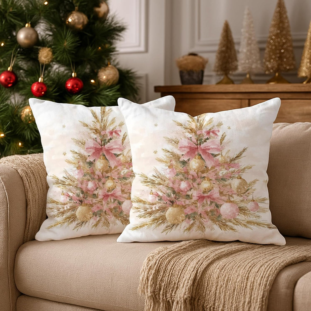 Christmas Tree Throw Pillow Covers Set of 2, Festive Rustic Peach Bow Gold Ornaments Xmas Peach Soft Velvet Washable Cover Decorative Pillows for Home Living Room Bedroom Dorm Couch Decor 18x18 Inch