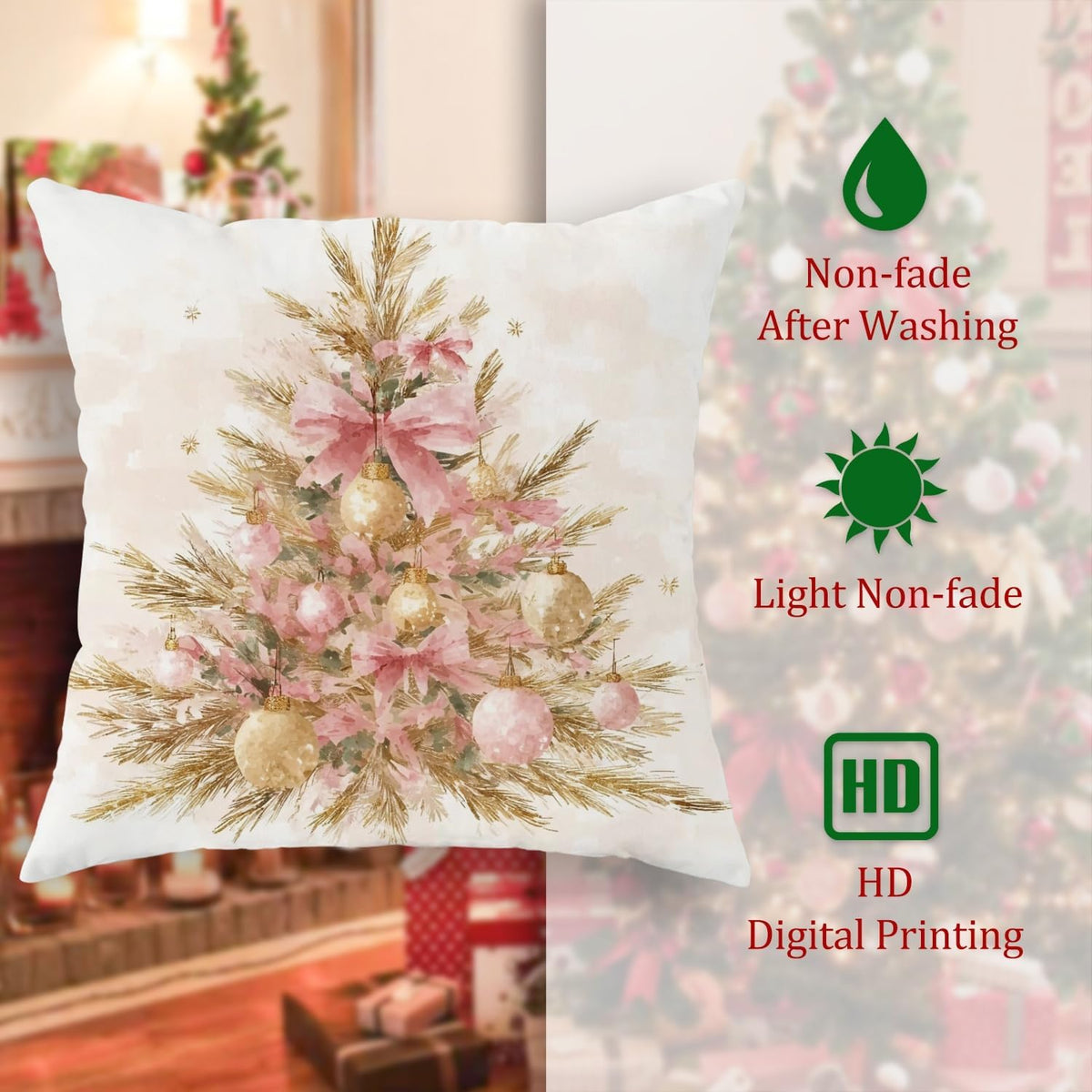 Christmas Tree Throw Pillow Covers Set of 2, Festive Rustic Peach Bow Gold Ornaments Xmas Peach Soft Velvet Washable Cover Decorative Pillows for Home Living Room Bedroom Dorm Couch Decor 18x18 Inch