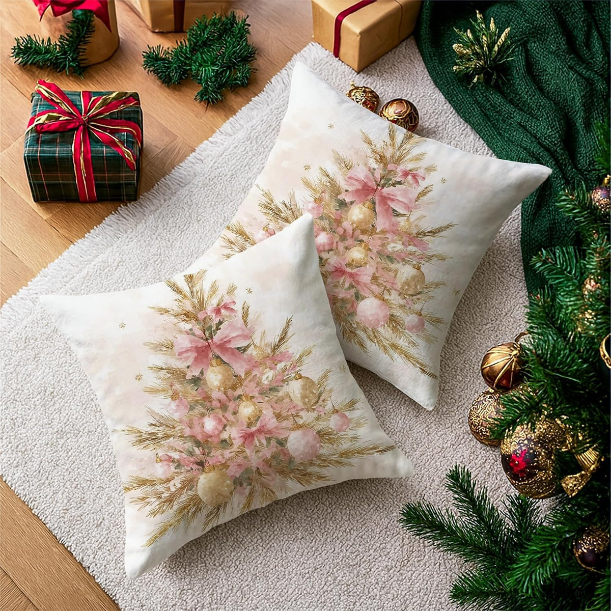 Christmas Tree Throw Pillow Covers Set of 2, Festive Rustic Peach Bow Gold Ornaments Xmas Peach Soft Velvet Washable Cover Decorative Pillows for Home Living Room Bedroom Dorm Couch Decor 18x18 Inch