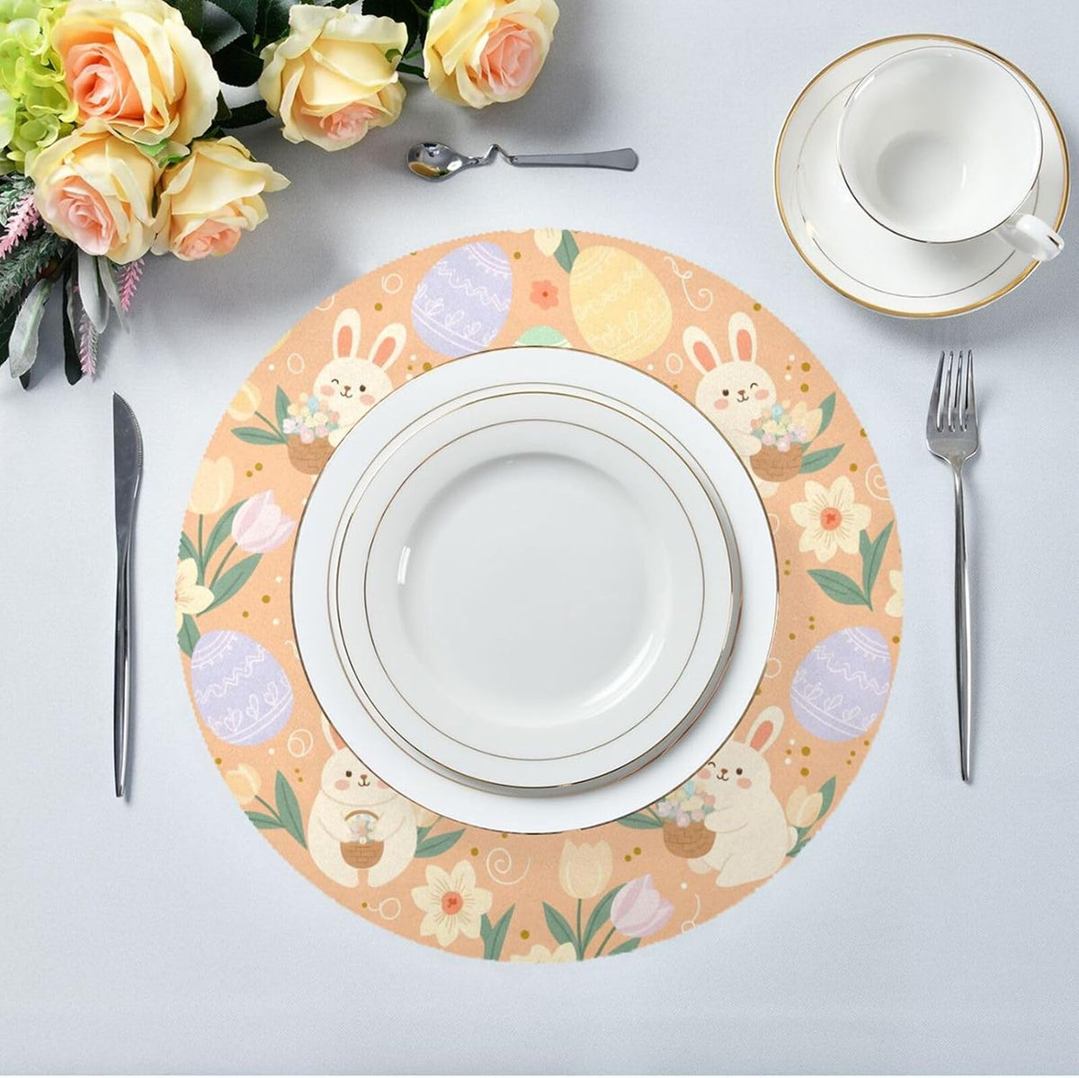 Easter Eggs Pattern Peach Place Mats Set of 4, 15 Inch Round Placemats Washable Non-Slip Table Mats for Kitchen Dining