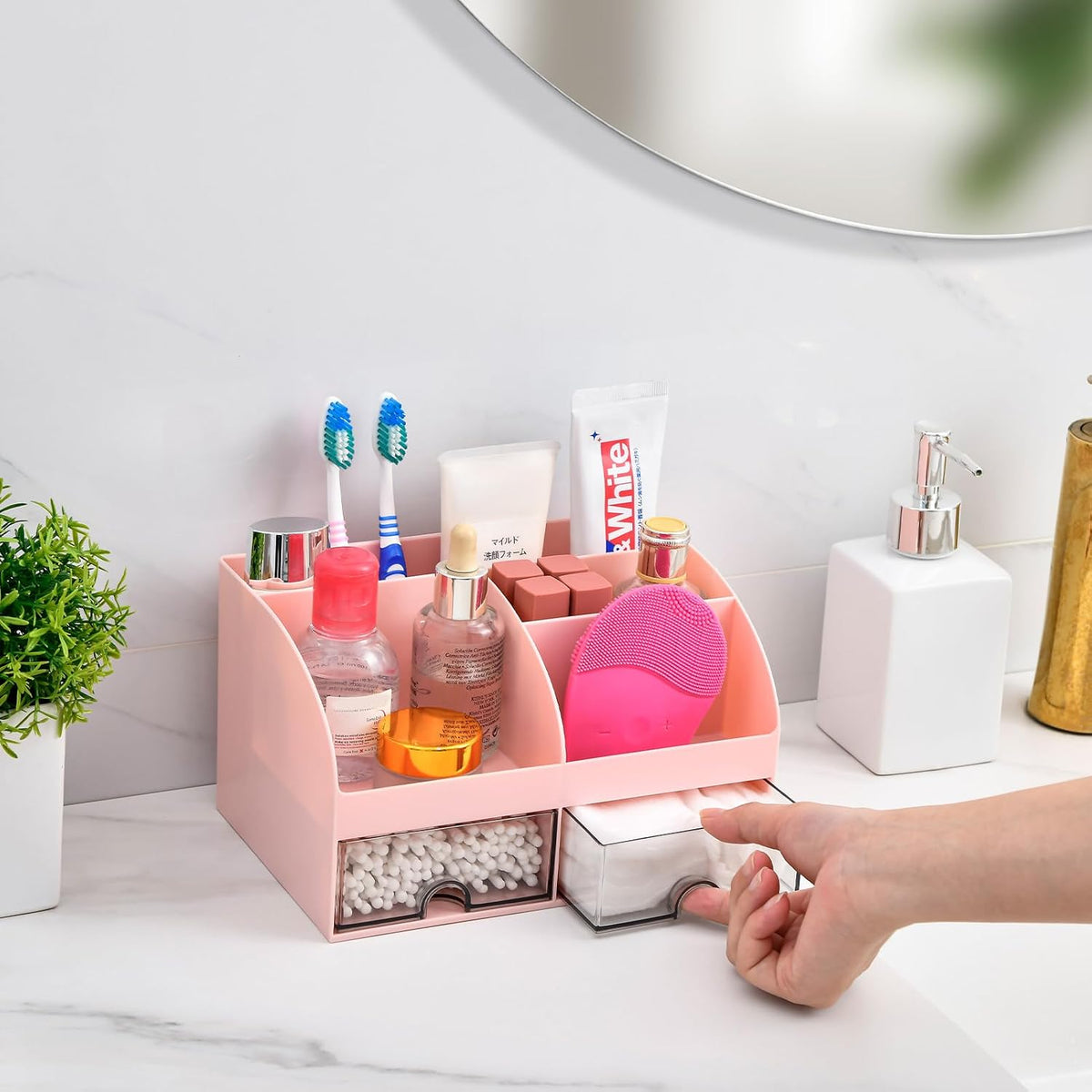 Bathroom Counter Sink Vanity Organizer Countertop with Drawer, Pink