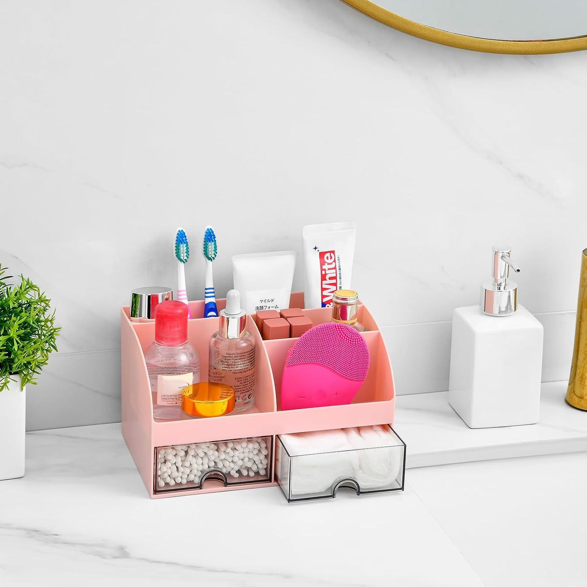 Bathroom Counter Sink Vanity Organizer Countertop with Drawer, Pink