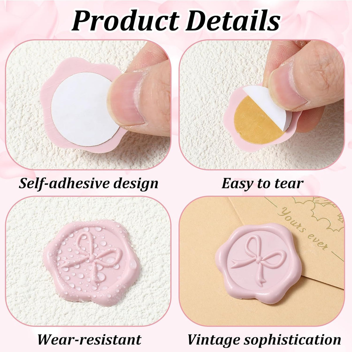50 Pcs Bow Wax Seal Stickers Envelope Wax Stickers for Wedding, Pink