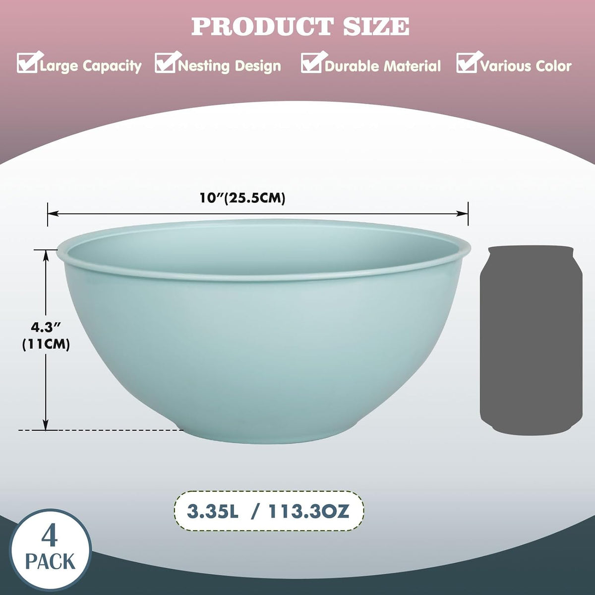 4-Piece Plastic Mixing Bowl Set, 113oz Lightweight Serving Bowls, Large Salad Bowls for Baking,Prepping, Cooking and Serving Food, Dishwasher & Microwave Safe