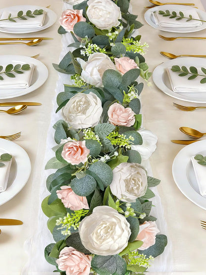 2 Pack Artificial Eucalyptus Flower Garland with 16 White Peony Pink Rose, 13Ft Baby Breath Fake Flowers Greenery Garland Floral Vine for Mantle Wedding Table Runner Centerpiece Backdrop Home Decor