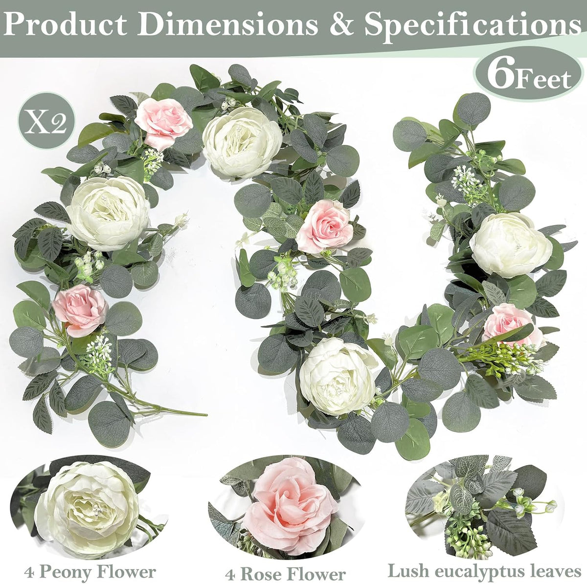 2 Pack Artificial Eucalyptus Flower Garland with 16 White Peony Pink Rose, 13Ft Baby Breath Fake Flowers Greenery Garland Floral Vine for Mantle Wedding Table Runner Centerpiece Backdrop Home Decor