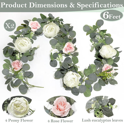 2 Pack Artificial Eucalyptus Flower Garland with 16 White Peony Pink Rose, 13Ft Baby Breath Fake Flowers Greenery Garland Floral Vine for Mantle Wedding Table Runner Centerpiece Backdrop Home Decor