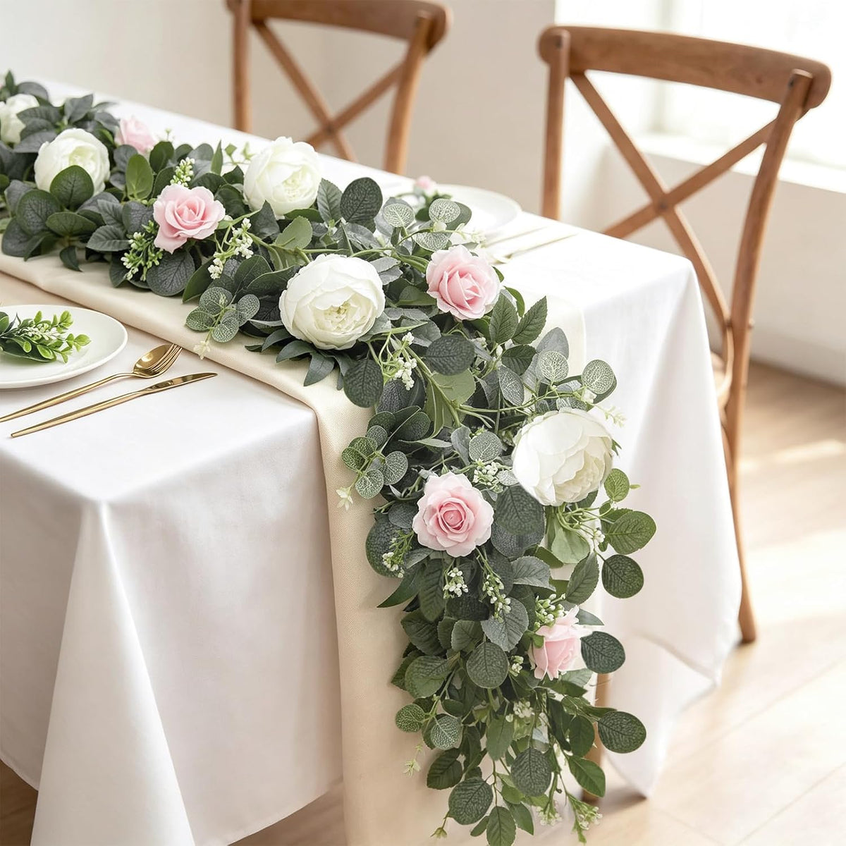 2 Pack Artificial Eucalyptus Flower Garland with 16 White Peony Pink Rose, 13Ft Baby Breath Fake Flowers Greenery Garland Floral Vine for Mantle Wedding Table Runner Centerpiece Backdrop Home Decor