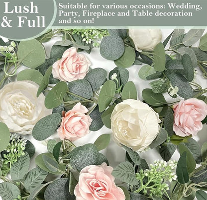 2 Pack Artificial Eucalyptus Flower Garland with 16 White Peony Pink Rose, 13Ft Baby Breath Fake Flowers Greenery Garland Floral Vine for Mantle Wedding Table Runner Centerpiece Backdrop Home Decor