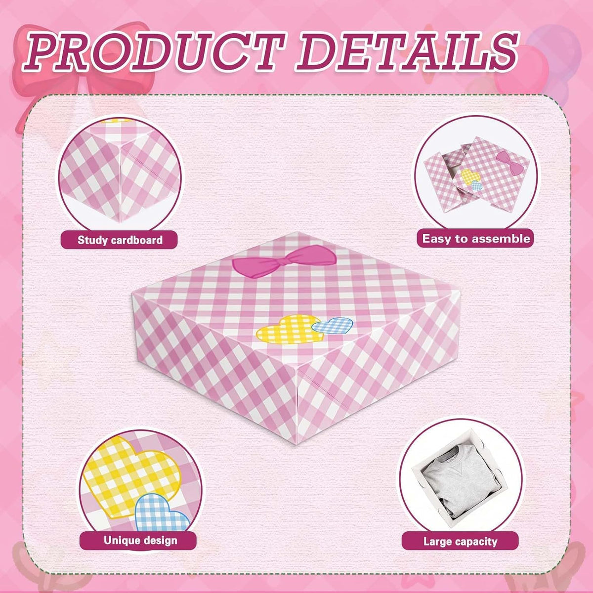6Pcs Designed Gift Boxes With Lids,Bow Pattern Shirt Box, 12 * 12 * 4Inch Extra Large Pink and White Medium Clothes Gift Box for Valentine's Day Christmas Graduation Birthday Wedding