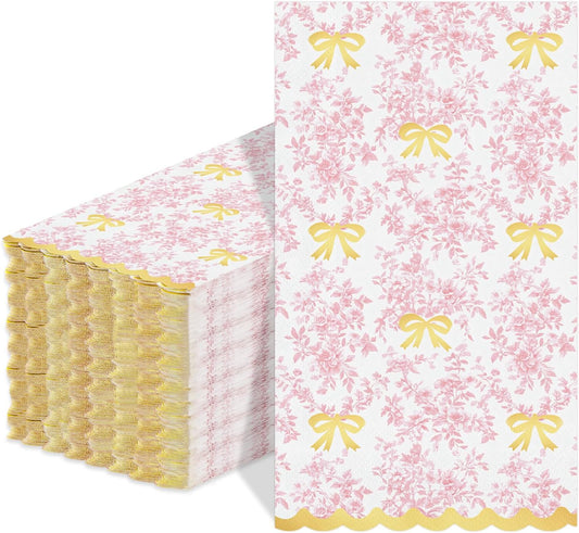 50 Pcs Bow Paper Napkins Pink Vintage Floral Guest Napkins Gold Foil Scalloped Disposable Paper Hand Towels for Baby Shower Birthday Party Supplies Table Decor,4.3''*7.8''