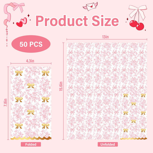 50 Pcs Bow Paper Napkins Pink Vintage Floral Guest Napkins Gold Foil Scalloped Disposable Paper Hand Towels for Baby Shower Birthday Party Supplies Table Decor,4.3''*7.8''