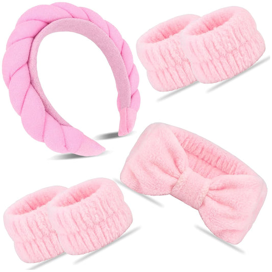 Wecoe Pink Spa Headband & Wristband Set Makeup Facial Skincare Headbands for Washing Face Get Ready Puffy Bow Hair Band Wristbands Cute Hair Accessories for Women Girls Spa Gifts
