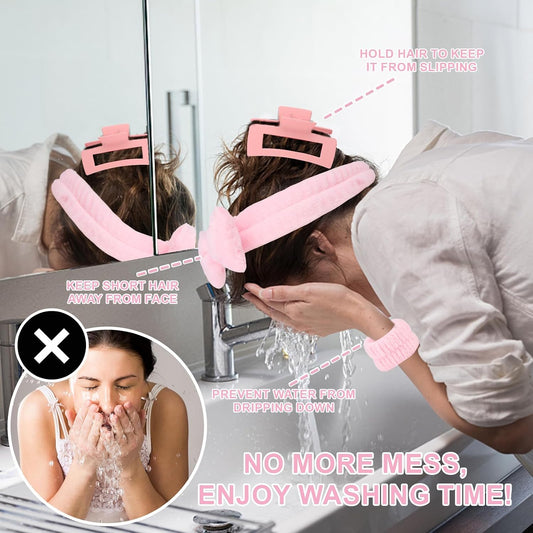 Wecoe Pink Spa Headband & Wristband Set Makeup Facial Skincare Headbands for Washing Face Get Ready Puffy Bow Hair Band Wristbands Cute Hair Accessories for Women Girls Spa Gifts