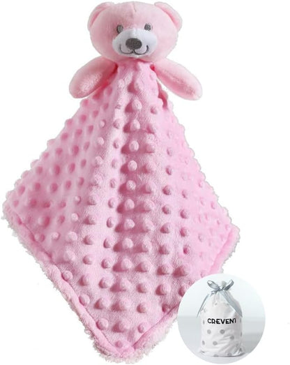 Baby Comforting Security Blanket Lovey for Newborn Baby Girls Infants, Minky Dot Front + Sherpa Backing with Animal Face (Pink Bear)