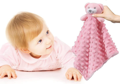 Baby Comforting Security Blanket Lovey for Newborn Baby Girls Infants, Minky Dot Front + Sherpa Backing with Animal Face (Pink Bear)