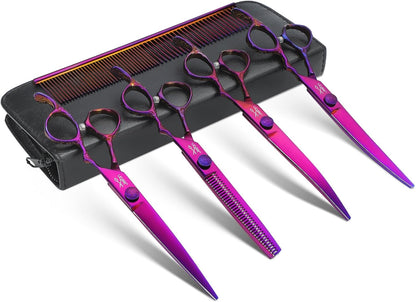 JASON Dog Grooming Scissors Set - Professional 6 in 1 Dog Shears Kit - 6.5" Thinning, 7" Straight, 7" Up-Curved, 7" Down-curved Scissors and Comb for Cat Pet with Adjustable Screw (Purple) Gift