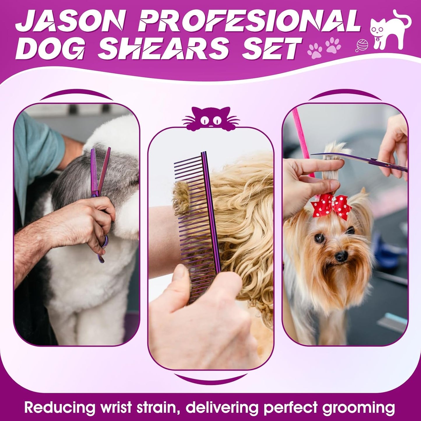 JASON Dog Grooming Scissors Set - Professional 6 in 1 Dog Shears Kit - 6.5" Thinning, 7" Straight, 7" Up-Curved, 7" Down-curved Scissors and Comb for Cat Pet with Adjustable Screw (Purple) Gift