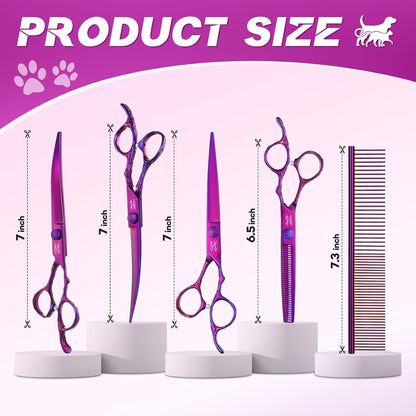 JASON Dog Grooming Scissors Set - Professional 6 in 1 Dog Shears Kit - 6.5" Thinning, 7" Straight, 7" Up-Curved, 7" Down-curved Scissors and Comb for Cat Pet with Adjustable Screw (Purple) Gift