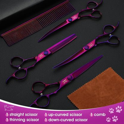 JASON Dog Grooming Scissors Set - Professional 6 in 1 Dog Shears Kit - 6.5" Thinning, 7" Straight, 7" Up-Curved, 7" Down-curved Scissors and Comb for Cat Pet with Adjustable Screw (Purple) Gift