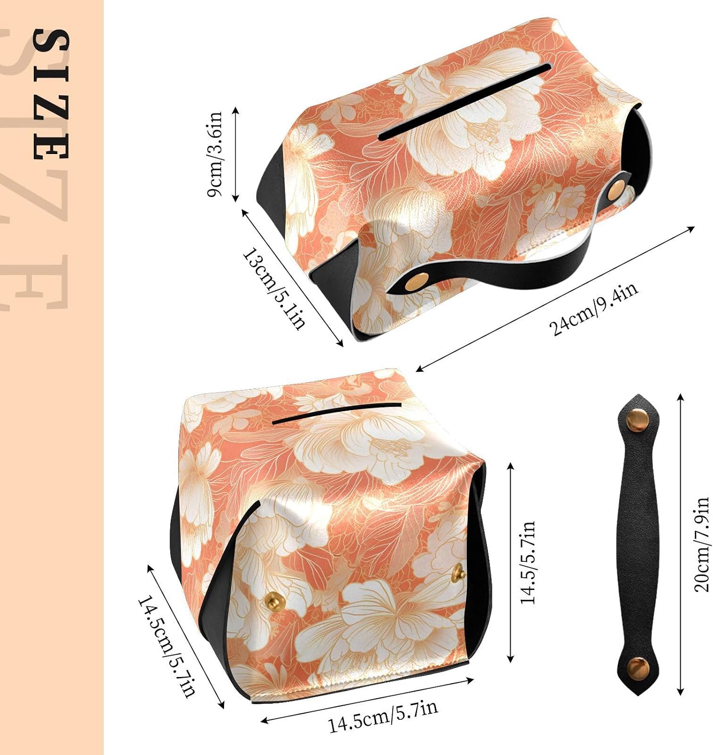 Leather Tissue Holder Hanging Napkin Holder Sun Visor with Adjustable Straps & Zipper Reusable auto Tissue Dispenser Chinese Style Floral Peach Gold
