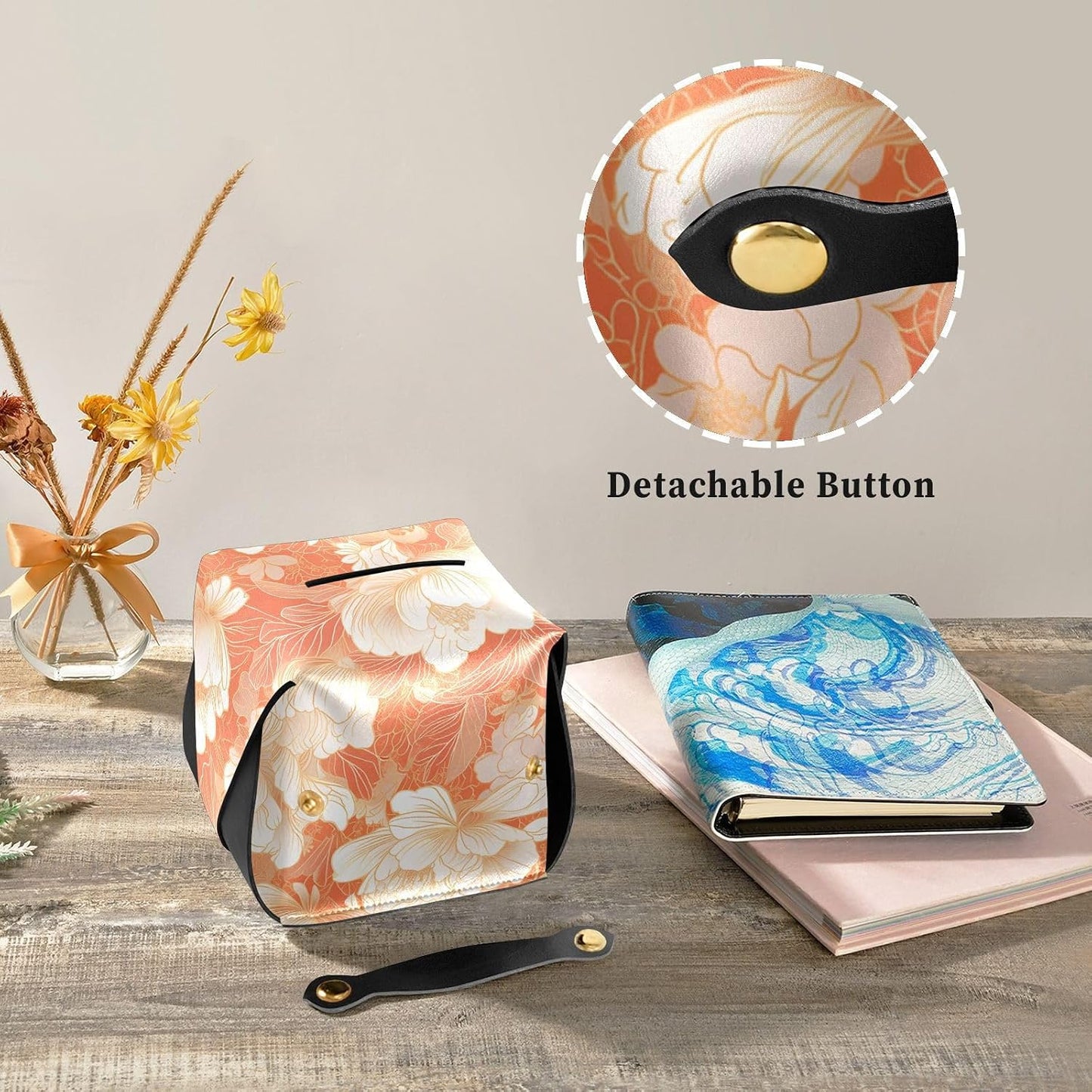 Leather Tissue Holder Hanging Napkin Holder Sun Visor with Adjustable Straps & Zipper Reusable auto Tissue Dispenser Chinese Style Floral Peach Gold