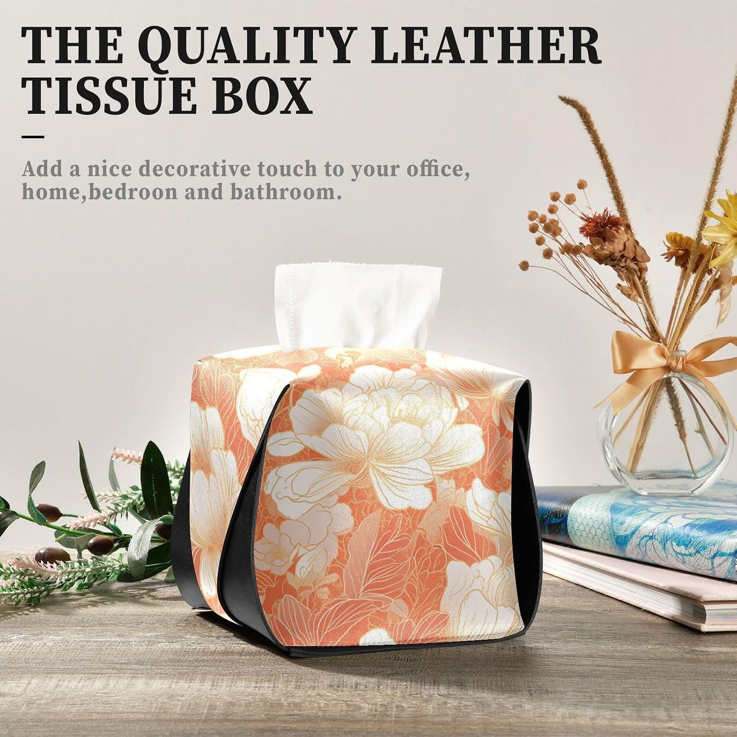 Leather Tissue Holder Hanging Napkin Holder Sun Visor with Adjustable Straps & Zipper Reusable auto Tissue Dispenser Chinese Style Floral Peach Gold