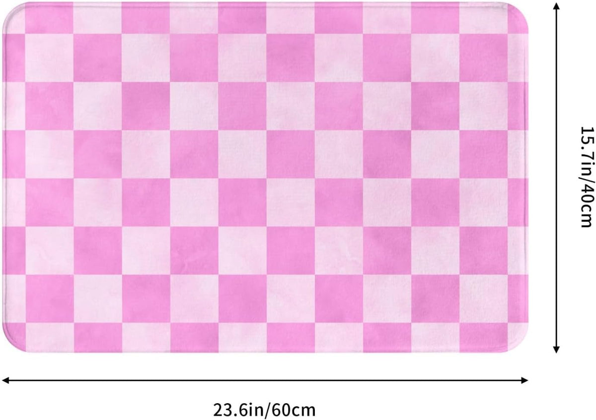 Pink Checker Print Bathroom Rugs, Machine Washable Bath Mats Shower Rug for Bathroom, Non Slip Absorbent Bath Mat Rugs 16x24 Inches