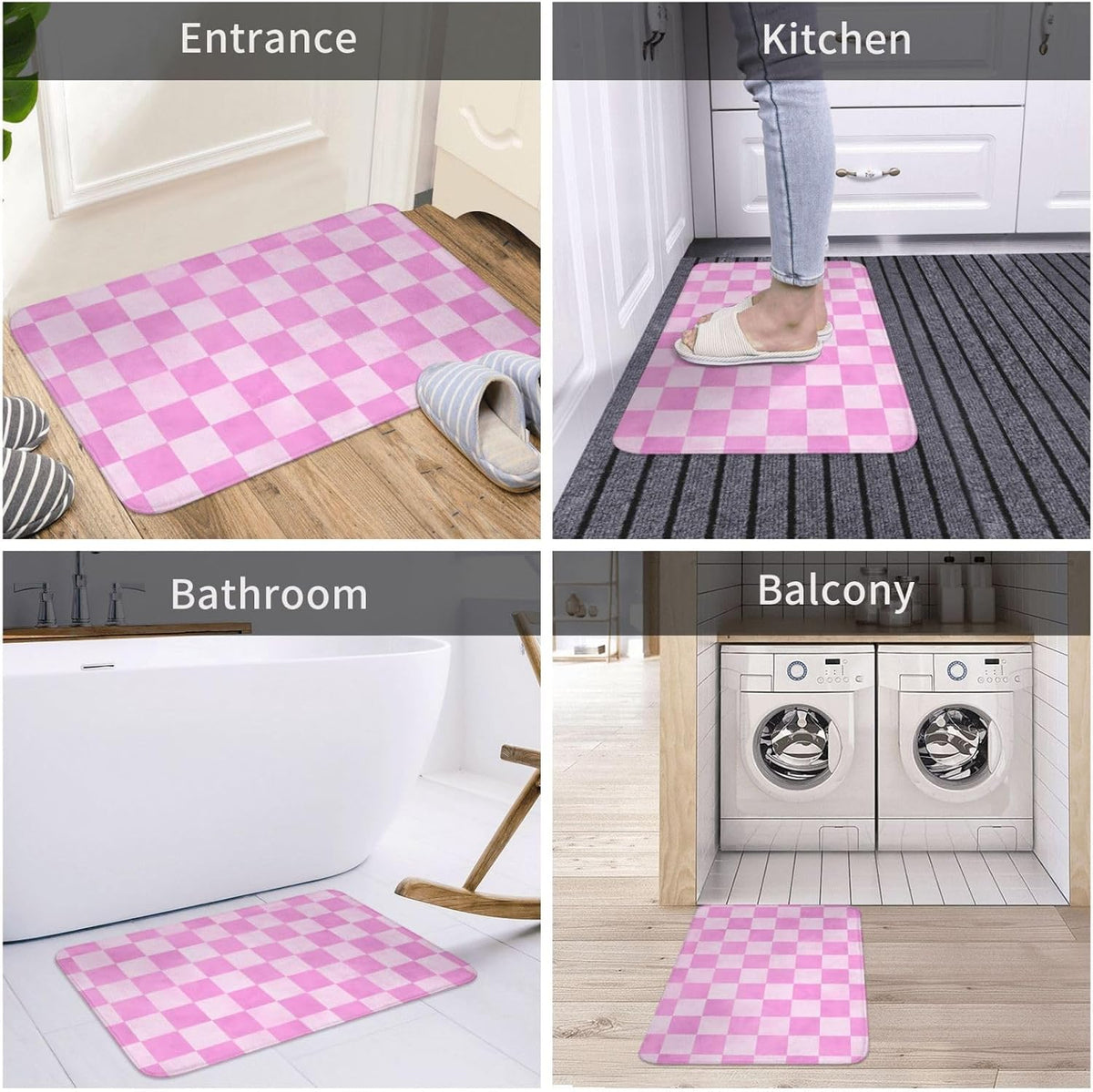Pink Checker Print Bathroom Rugs, Machine Washable Bath Mats Shower Rug for Bathroom, Non Slip Absorbent Bath Mat Rugs 16x24 Inches