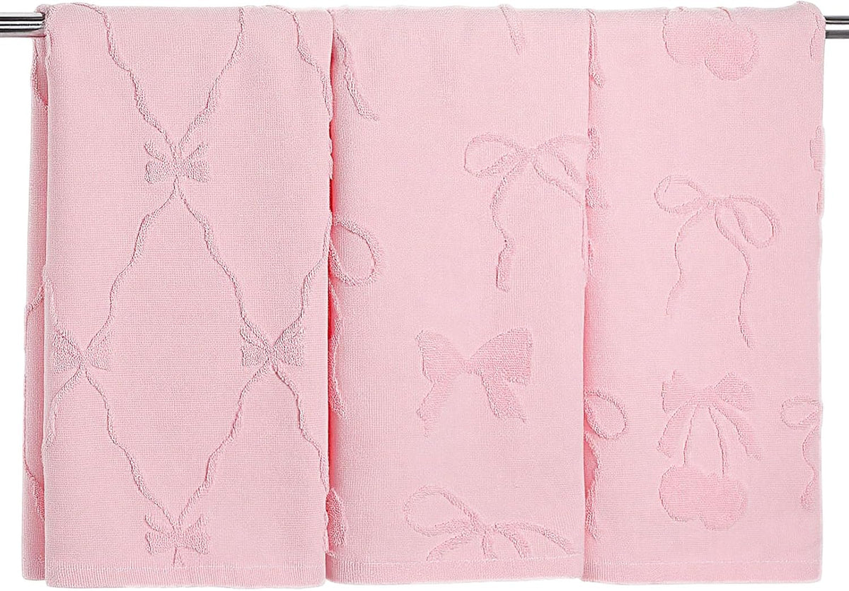 3 Pack Pink Bow Hand Towels Coquette Bow Bathroom Decor Dish Towels 100% Cotton Soft Absorbent Decorative Jacquard Weave Gifts for Kitchen Bathroom Decor, 29.5 x 13.7 Inch