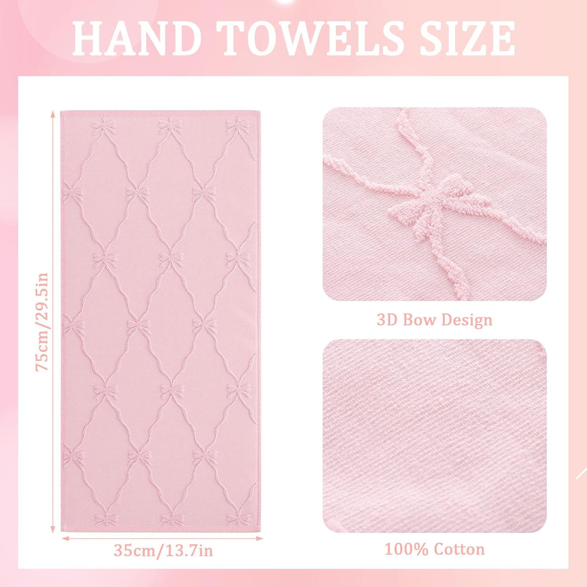 3 Pack Pink Bow Hand Towels Coquette Bow Bathroom Decor Dish Towels 100% Cotton Soft Absorbent Decorative Jacquard Weave Gifts for Kitchen Bathroom Decor, 29.5 x 13.7 Inch