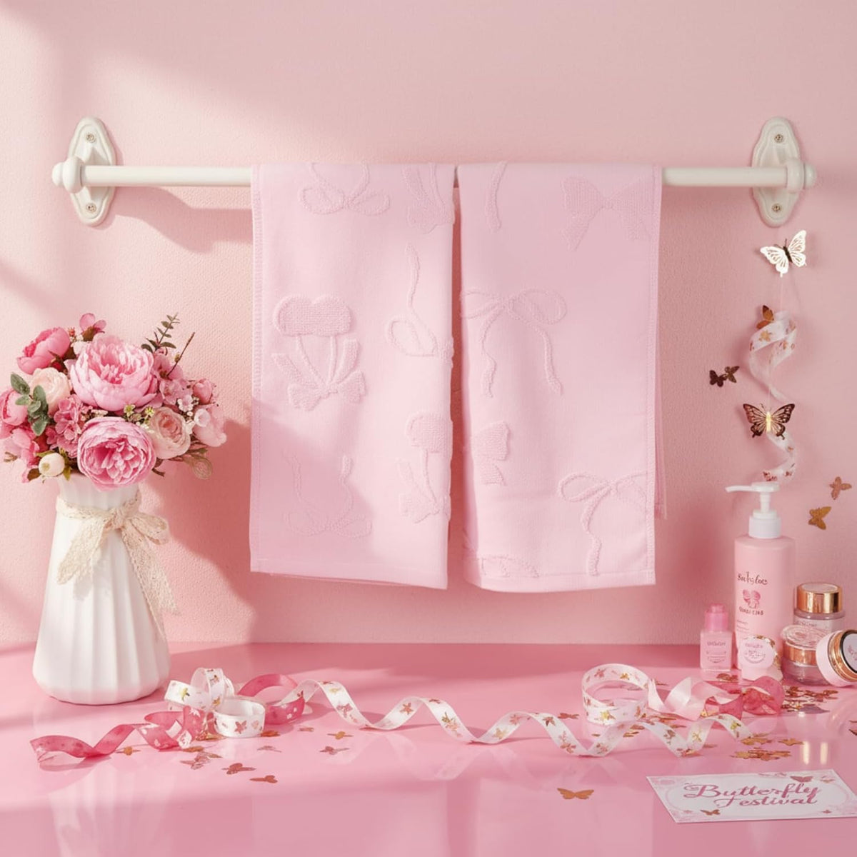 3 Pack Pink Bow Hand Towels Coquette Bow Bathroom Decor Dish Towels 100% Cotton Soft Absorbent Decorative Jacquard Weave Gifts for Kitchen Bathroom Decor, 29.5 x 13.7 Inch