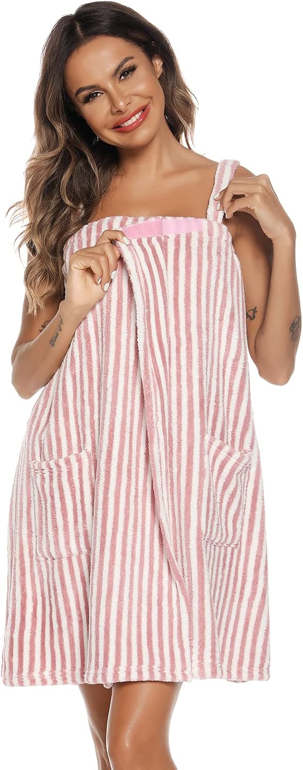 Women Bath Wrap Towel for Womens Shower with Pocket Adjustable Spa Robe & Facial Headband