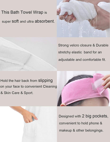 Women Bath Wrap Towel for Womens Shower with Pocket Adjustable Spa Robe & Facial Headband