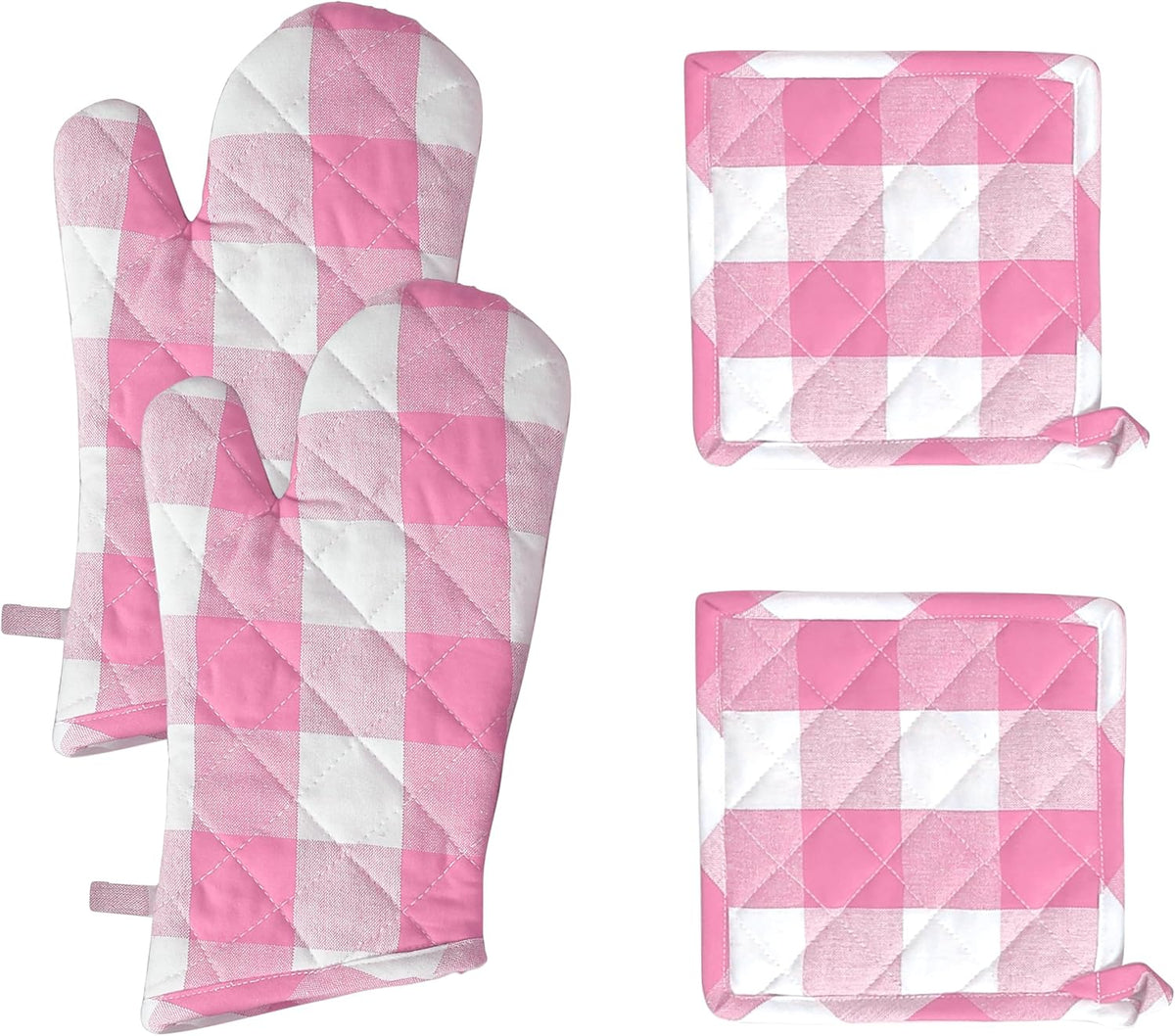 Buffalo Plaid Check Oven Mitts and Pot Holders Set of 4, 100% Cotton Heat Resistant Kitchen Gloves, 2 Oven Mitts (7x13), 2 Pot Holders (8x8) for Cooking & Baking, Pink White