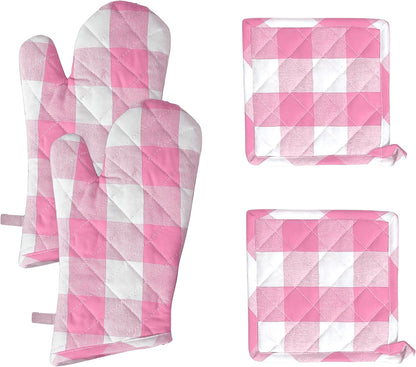 Buffalo Plaid Check Oven Mitts and Pot Holders Set of 4, 100% Cotton Heat Resistant Kitchen Gloves, 2 Oven Mitts (7x13), 2 Pot Holders (8x8) for Cooking & Baking, Pink White