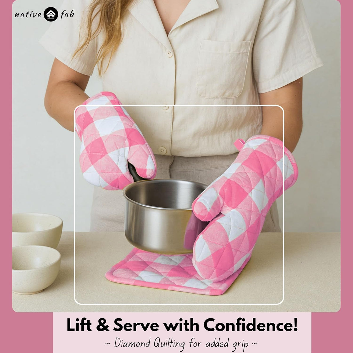 Buffalo Plaid Check Oven Mitts and Pot Holders Set of 4, 100% Cotton Heat Resistant Kitchen Gloves, 2 Oven Mitts (7x13), 2 Pot Holders (8x8) for Cooking & Baking, Pink White