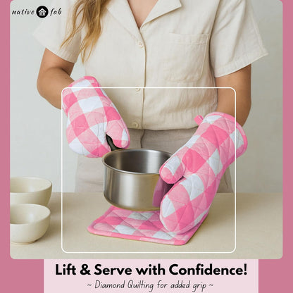 Buffalo Plaid Check Oven Mitts and Pot Holders Set of 4, 100% Cotton Heat Resistant Kitchen Gloves, 2 Oven Mitts (7x13), 2 Pot Holders (8x8) for Cooking & Baking, Pink White