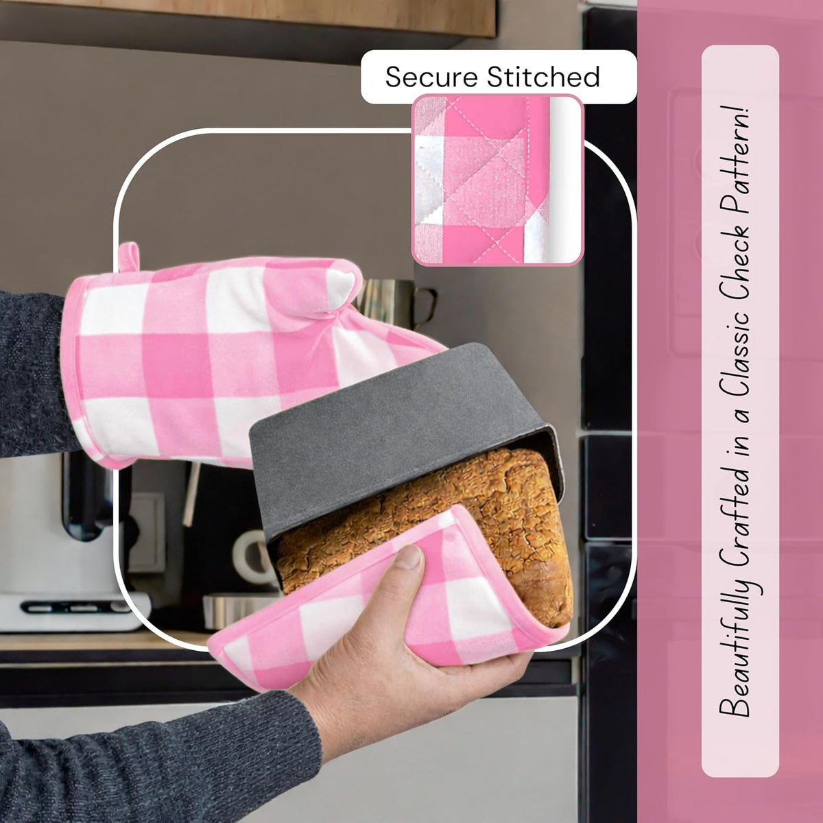 Buffalo Plaid Check Oven Mitts and Pot Holders Set of 4, 100% Cotton Heat Resistant Kitchen Gloves, 2 Oven Mitts (7x13), 2 Pot Holders (8x8) for Cooking & Baking, Pink White