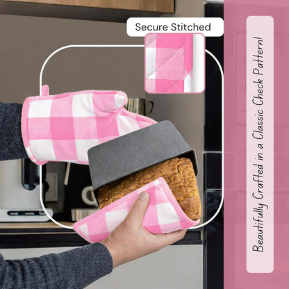 Buffalo Plaid Check Oven Mitts and Pot Holders Set of 4, 100% Cotton Heat Resistant Kitchen Gloves, 2 Oven Mitts (7x13), 2 Pot Holders (8x8) for Cooking & Baking, Pink White