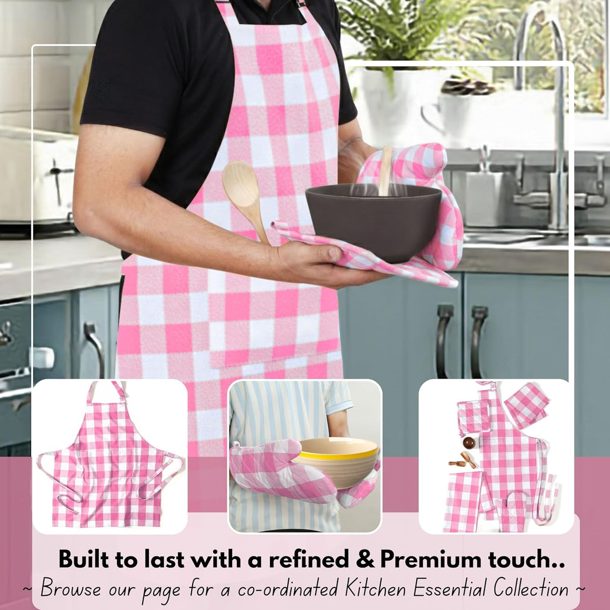 Buffalo Plaid Check Oven Mitts and Pot Holders Set of 4, 100% Cotton Heat Resistant Kitchen Gloves, 2 Oven Mitts (7x13), 2 Pot Holders (8x8) for Cooking & Baking, Pink White