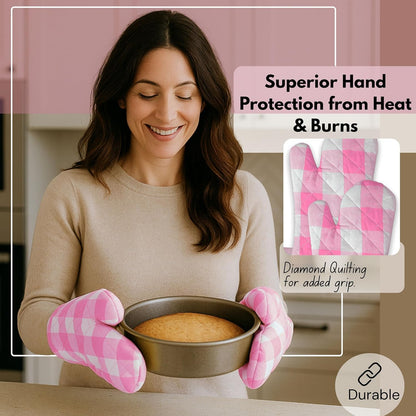 Buffalo Plaid Check Oven Mitts and Pot Holders Set of 4, 100% Cotton Heat Resistant Kitchen Gloves, 2 Oven Mitts (7x13), 2 Pot Holders (8x8) for Cooking & Baking, Pink White