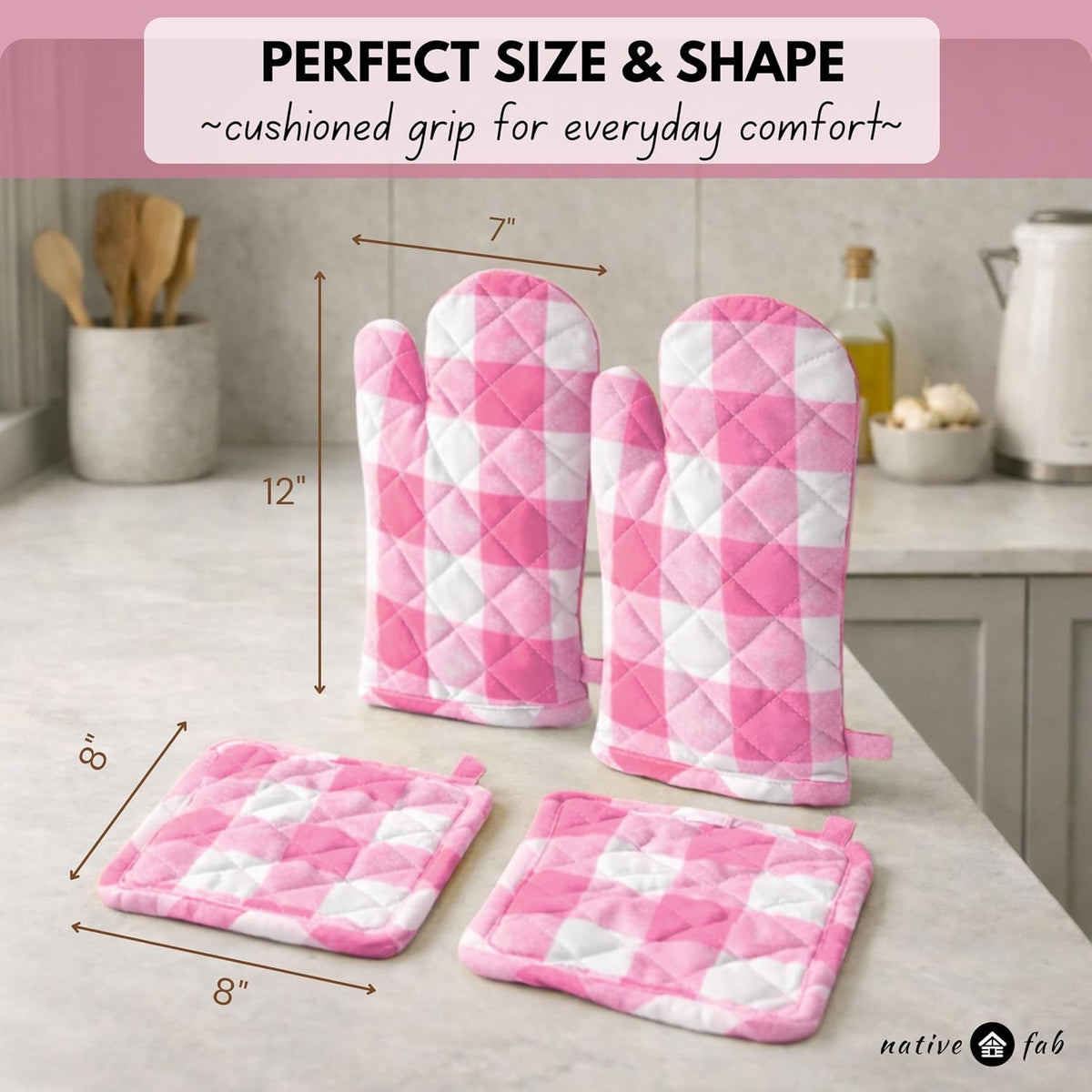 Buffalo Plaid Check Oven Mitts and Pot Holders Set of 4, 100% Cotton Heat Resistant Kitchen Gloves, 2 Oven Mitts (7x13), 2 Pot Holders (8x8) for Cooking & Baking, Pink White