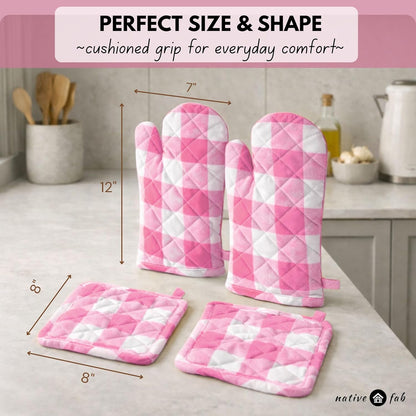 Buffalo Plaid Check Oven Mitts and Pot Holders Set of 4, 100% Cotton Heat Resistant Kitchen Gloves, 2 Oven Mitts (7x13), 2 Pot Holders (8x8) for Cooking & Baking, Pink White