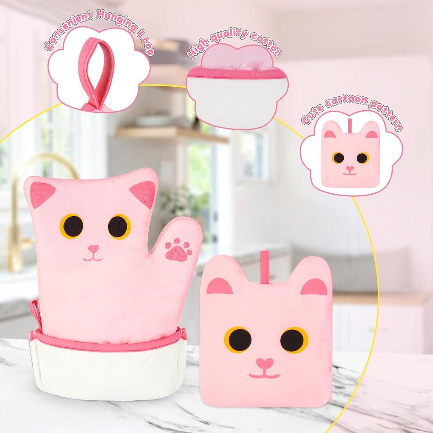 Oven Mitts,Cute Cat Design Cooking Glove,Quilted Cotton Lining,Heat Resistant Oven Mitts and Pot Holders Sets for Baking,Microwave,Housewarming(Pinks)