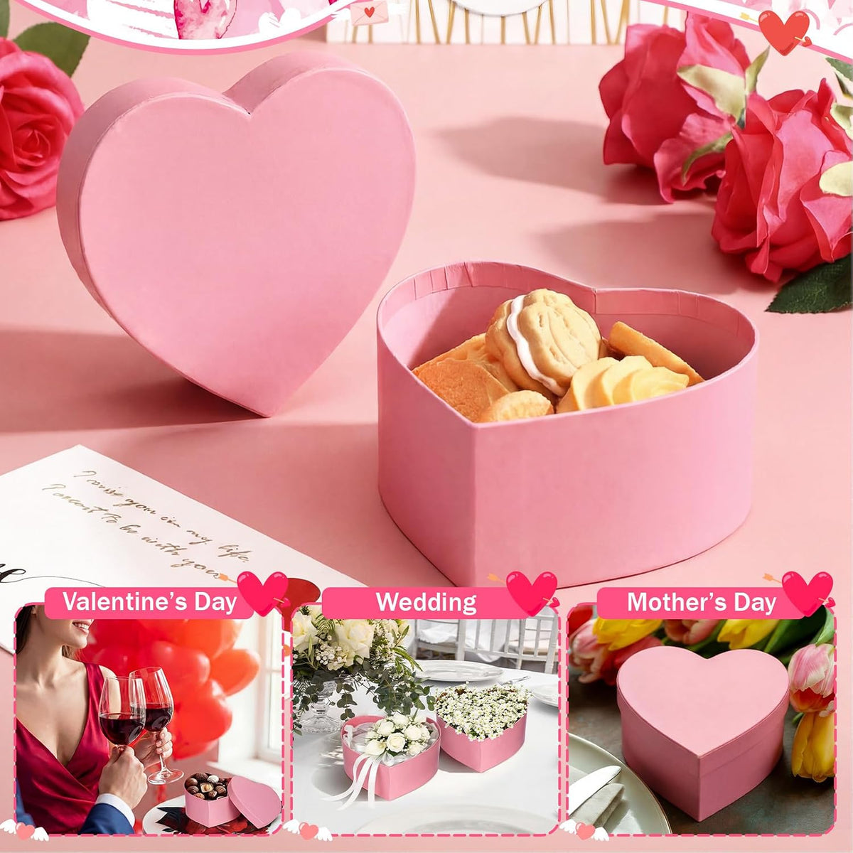 12 Pcs Small Heart Shaped Boxes - 4 x 2 Inch Wedding Nesting Gift Boxes with Lids, Heart Paper Decorative for Wedding Bridal Shower Gift Wrapping Party Decor(Pink)