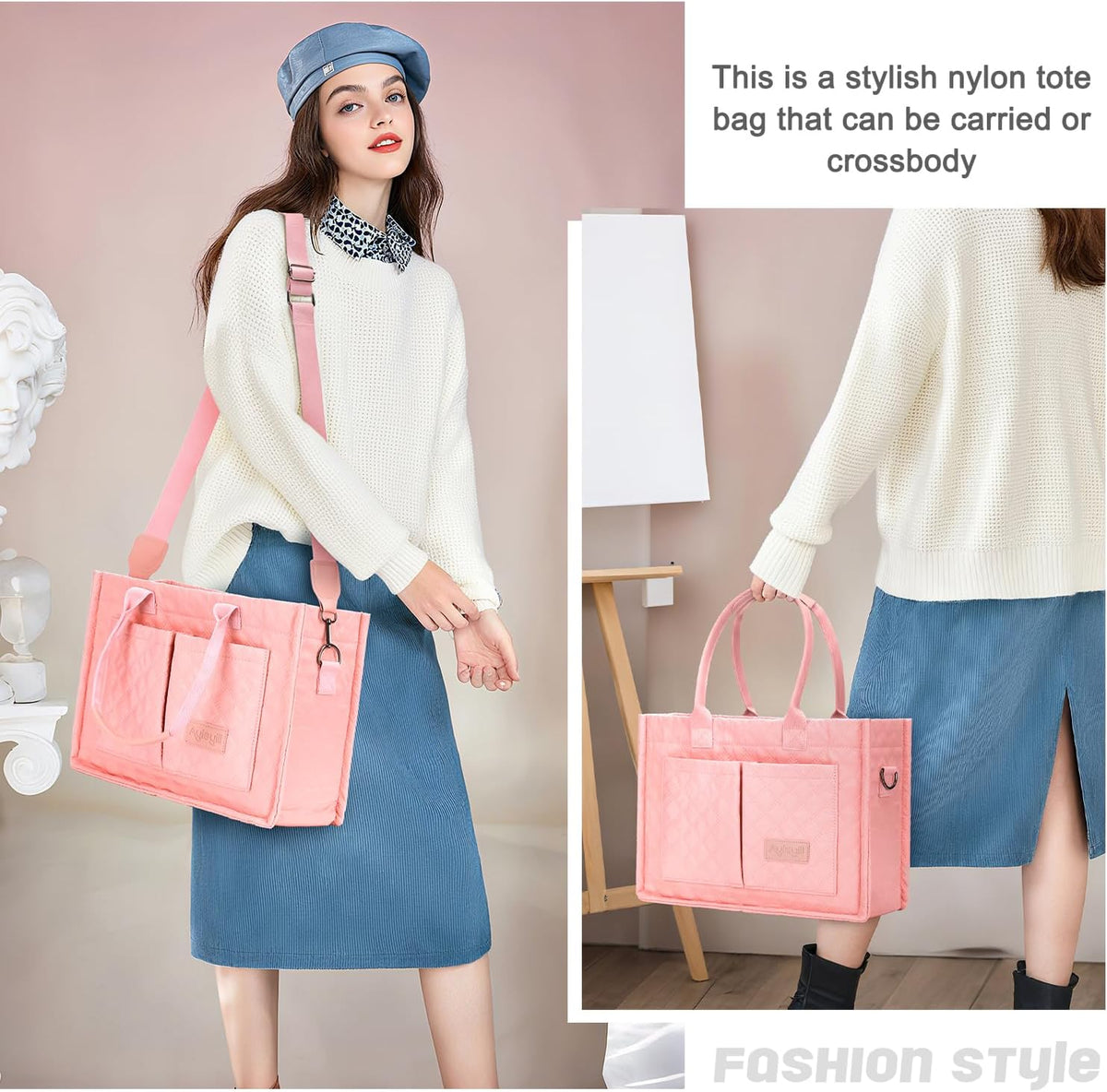 Tote Bag for Women with Pockets Compartments, Crossbody Bag Nylon Tote Shoulder Handbags Casual Work Bags Everything Tote Bag